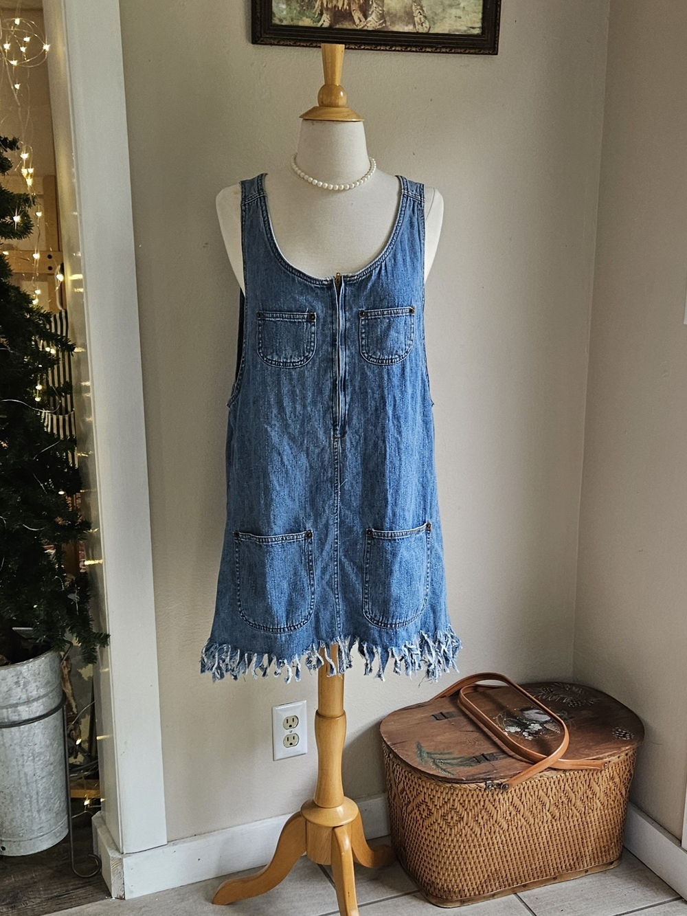 Denim Zip-Front Sleeveless Fringe Tunic Top - Blue